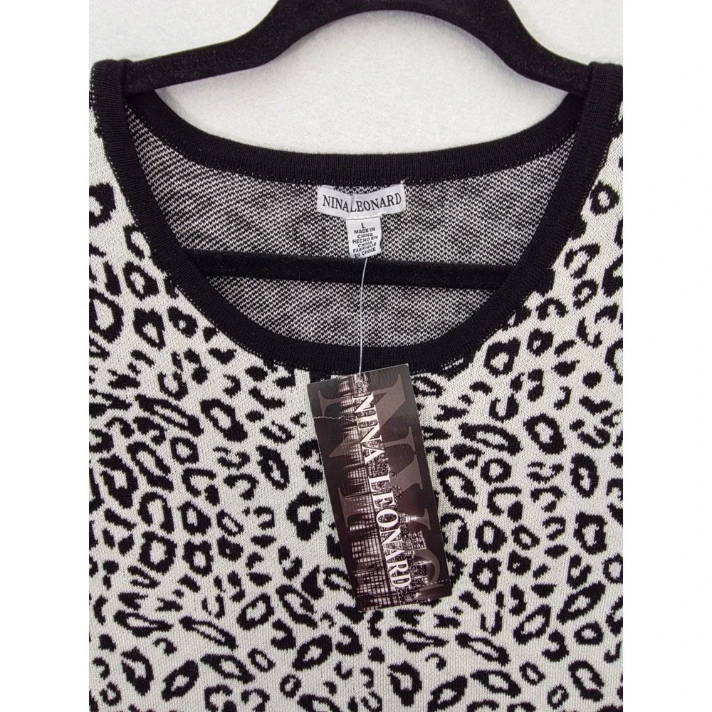 Nina Leonard Leopard Print A-Line Dress L Black White Rayon Knit Animal Print